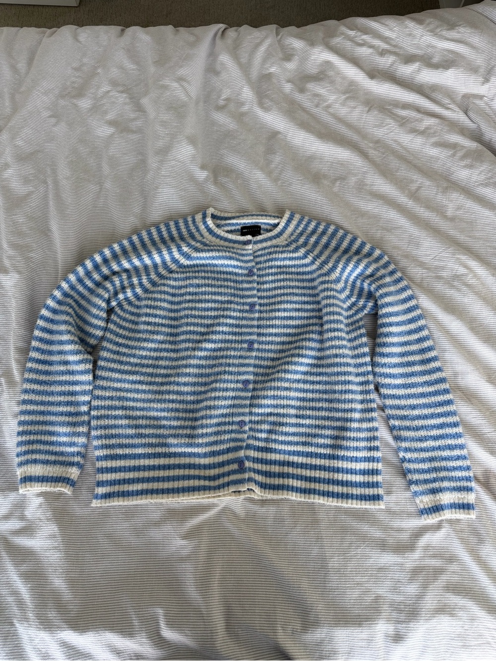 ASOS design Striped Crewneck Button-Front Sweater Cardigan - Light Blue & Cream